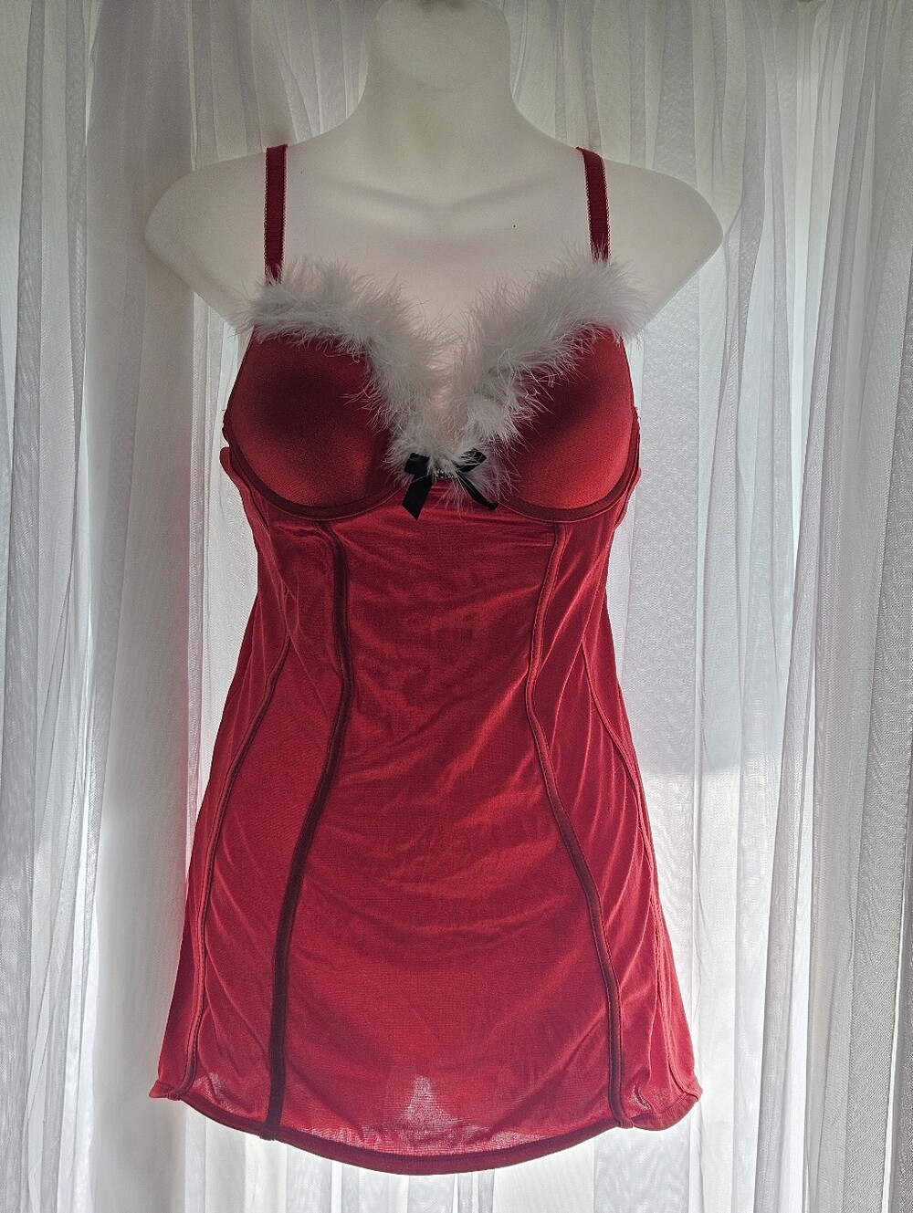 Red Satin Chemise W/ White Feather Trim - Christmas Lingerie